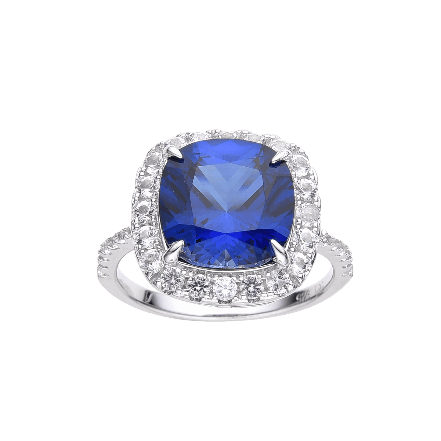 4.00 Ct Cushion Lab-Grown Ceylon Blue Sapphire Prong Silver Halo Statement Ring