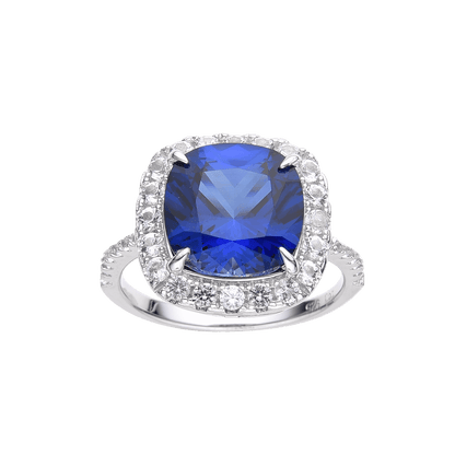 4.00 Ct Cushion Lab-Grown Ceylon Blue Sapphire Prong Silver Halo Statement Ring
