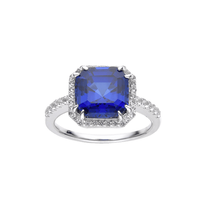 4.00 Ct Asscher Lab Created Blue Sapphire Prong Silver Halo Ring