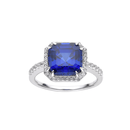 4.00 Ct Asscher Lab Created Blue Sapphire Prong Silver Halo Ring