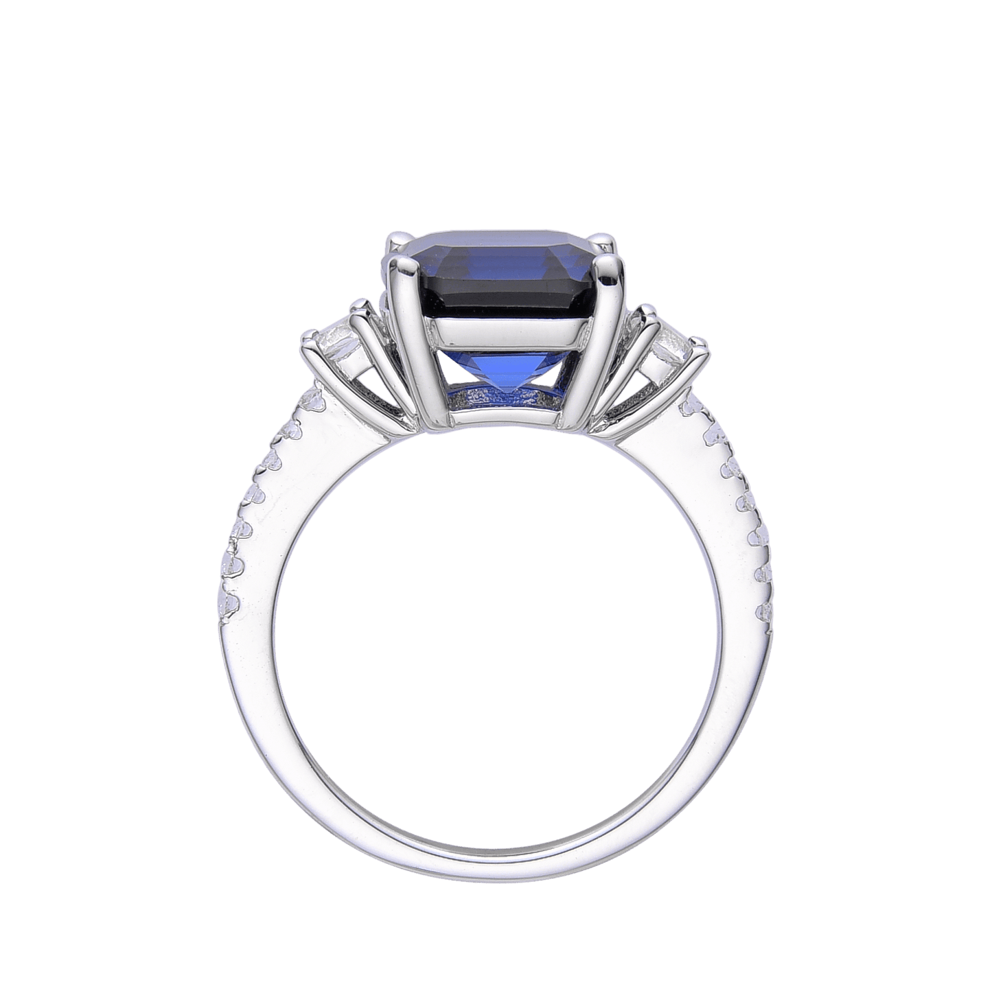 3.60 Ct Asscher Lab Created Blue Sapphire Prong Silver Three Stone Ring