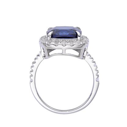4.00 Ct Cushion Lab-Grown Ceylon Blue Sapphire Prong Silver Halo Statement Ring
