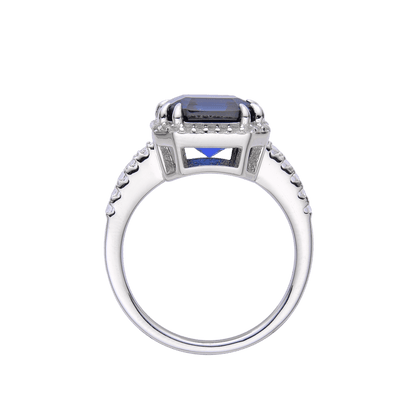 4.00 Ct Asscher Lab Created Blue Sapphire Prong Silver Halo Ring