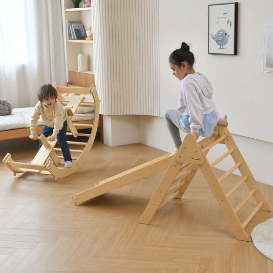 Bazel 6-in-1 Pikler Climber Set | Wooden Triangle, Rocker Arch & Slide for Toddlers