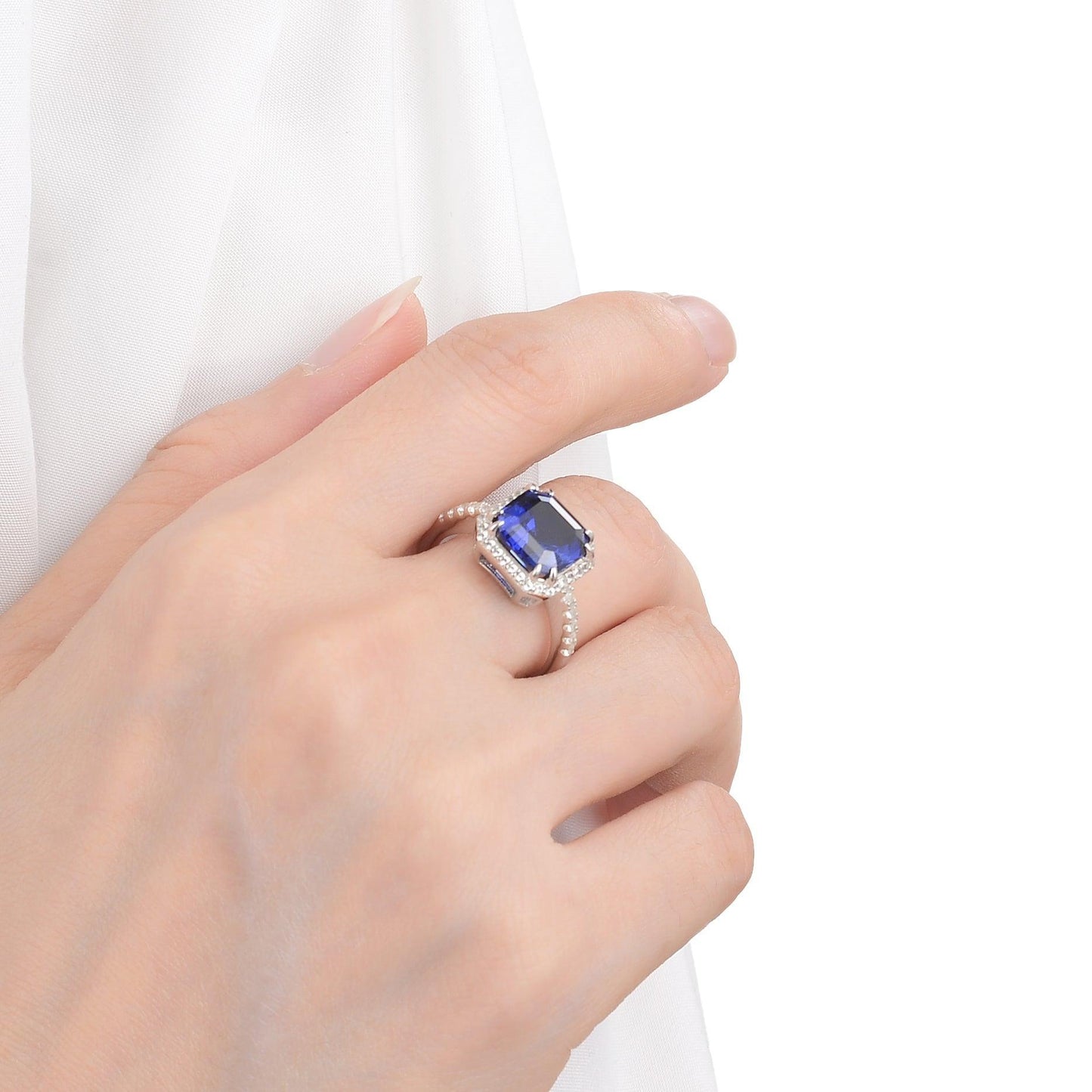 4.00 Ct Asscher Lab Created Blue Sapphire Prong Silver Halo Ring