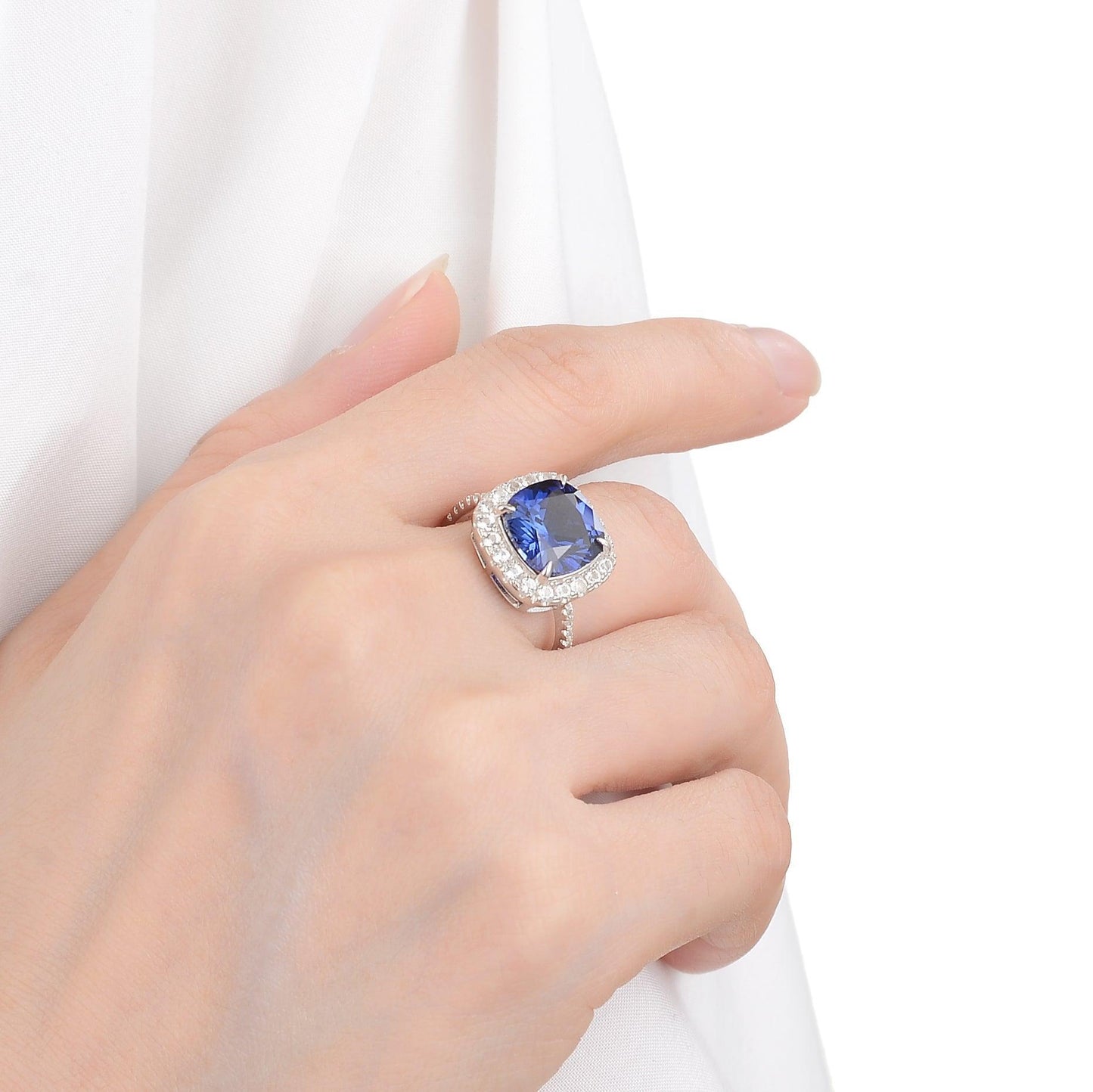 4.00 Ct Cushion Lab-Grown Ceylon Blue Sapphire Prong Silver Halo Statement Ring