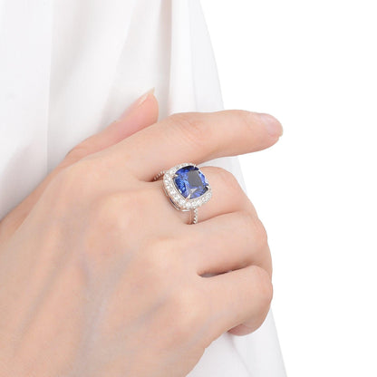 4.00 Ct Cushion Lab-Grown Ceylon Blue Sapphire Prong Silver Halo Statement Ring