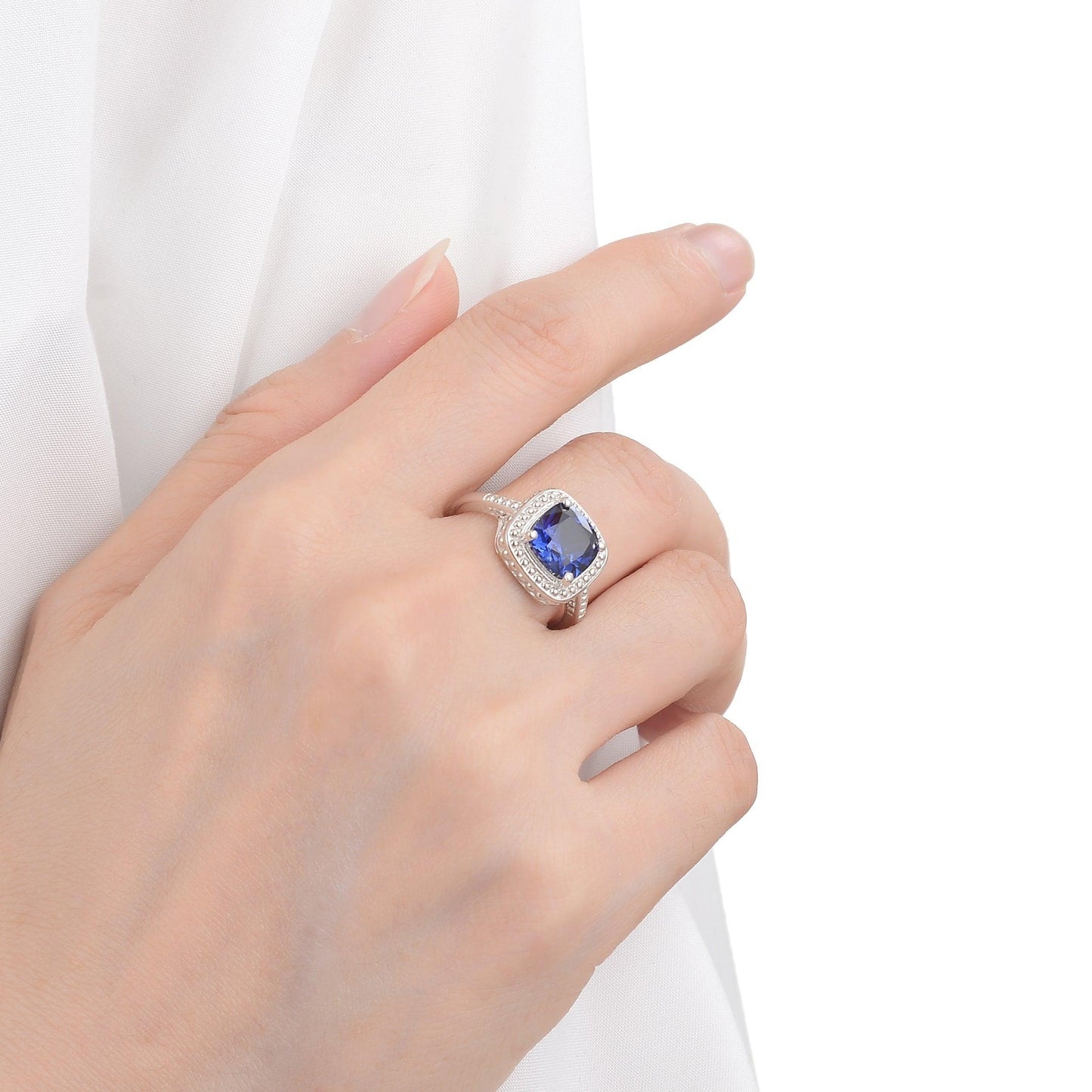 2.9 Ct Cushion Lab Created Blue Sapphire Prong Silver Halo Statement Ring