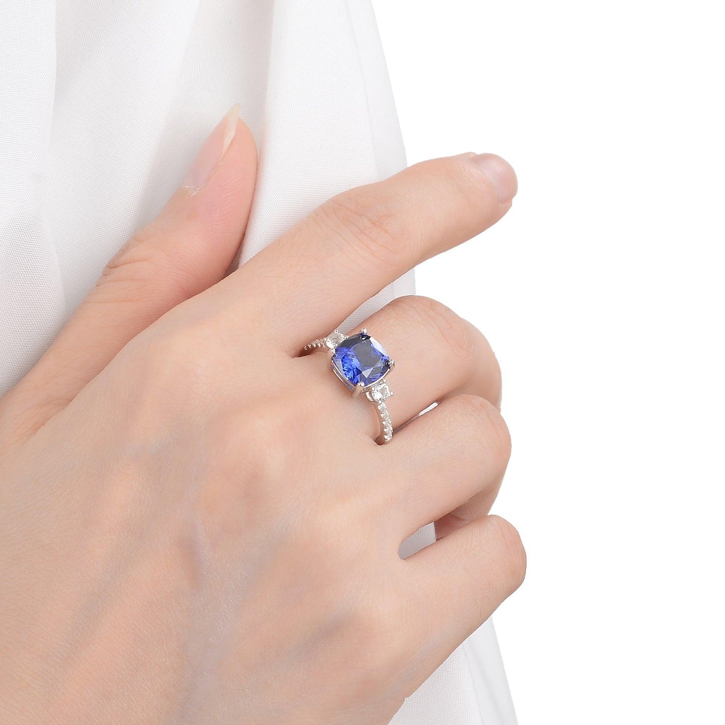 3.60 Ct Asscher Lab Created Blue Sapphire Prong Silver Three Stone Ring