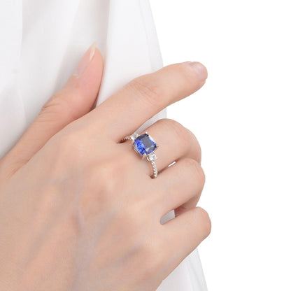 3.60 Ct Asscher Lab Created Blue Sapphire Prong Silver Three Stone Ring