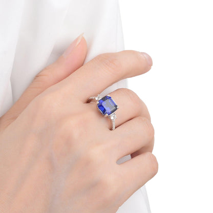 3.00 Ct Cushion Lab Created Blue Sapphire Prong Silver Three Stone Ring