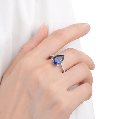 3.50 Ct Pear Lab Created Blue Sapphire Prong Silver Cocktail Pave-set Ring