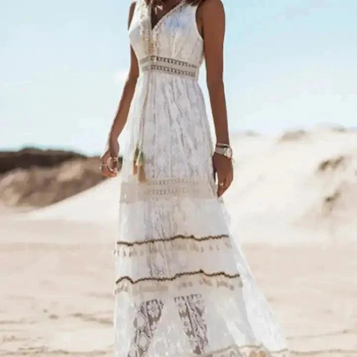 Lace-Trimmed V-Neck Maxi Dress
