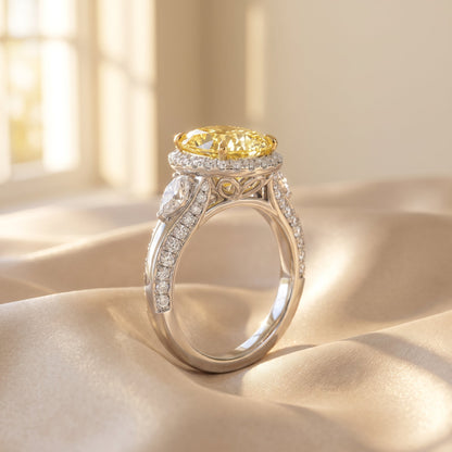 3Cttw Oval Shaped Yellow Lab Grown Diamond (F/VS) Three Stone Halo Engagement Ring in 14K Gold