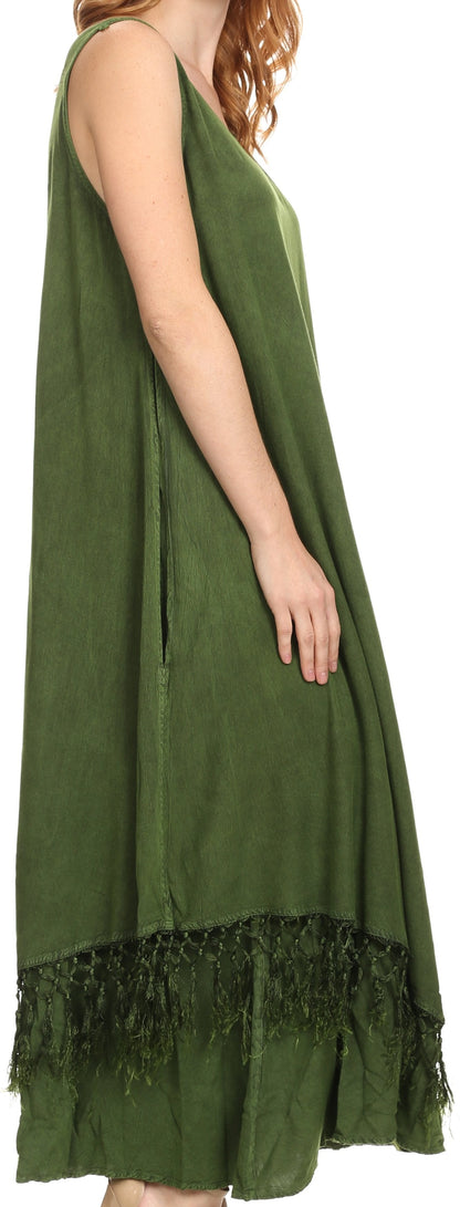 Sakkas Emma Relaxed Fit Scoop Neck Double Layered with Fringe Tank Dress