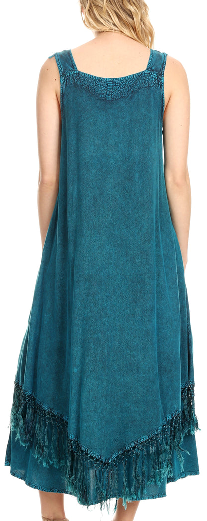 Sakkas Emma Relaxed Fit Scoop Neck Double Layered with Fringe Tank Dress