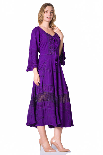 Sakkas Mirabel Stonewashed Corset Style Floral Emboridery Kimono Sleeve Dress