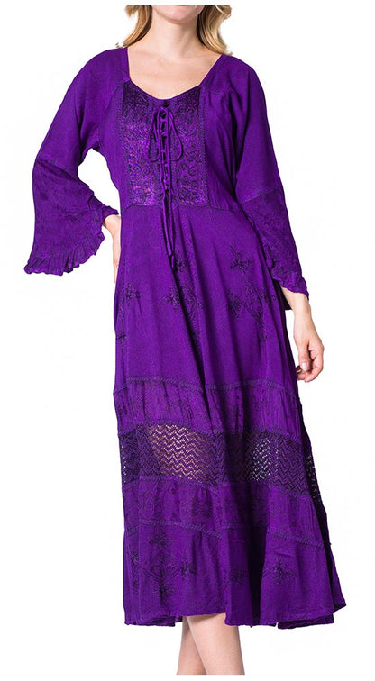Sakkas Mirabel Stonewashed Corset Style Floral Emboridery Kimono Sleeve Dress