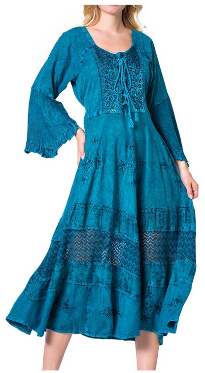 Sakkas Mirabel Stonewashed Corset Style Floral Emboridery Kimono Sleeve Dress