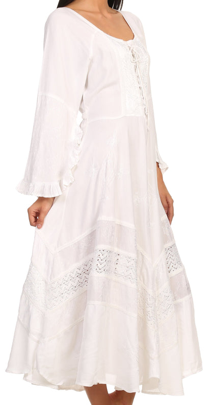 Sakkas Mirabel Stonewashed Corset Style Floral Emboridery Kimono Sleeve Dress