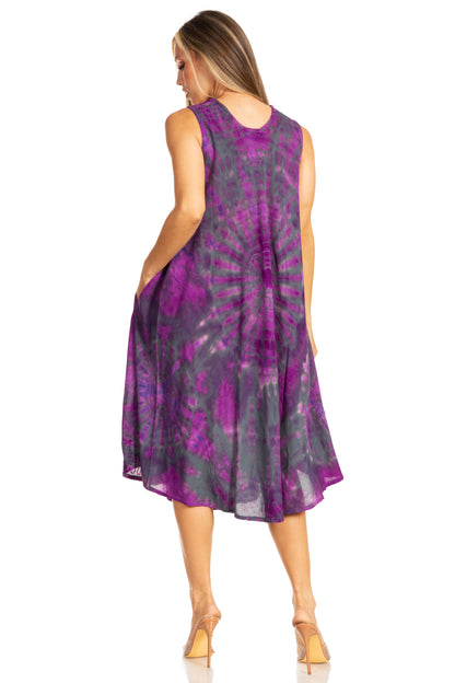 Sakkas Nora Sleeveless Embroidered Short Tie Dye Caftan Dress / Cover Up