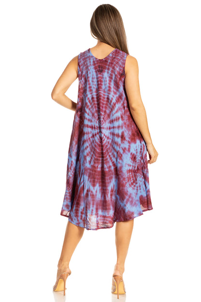 Sakkas Nora Sleeveless Embroidered Short Tie Dye Caftan Dress / Cover Up
