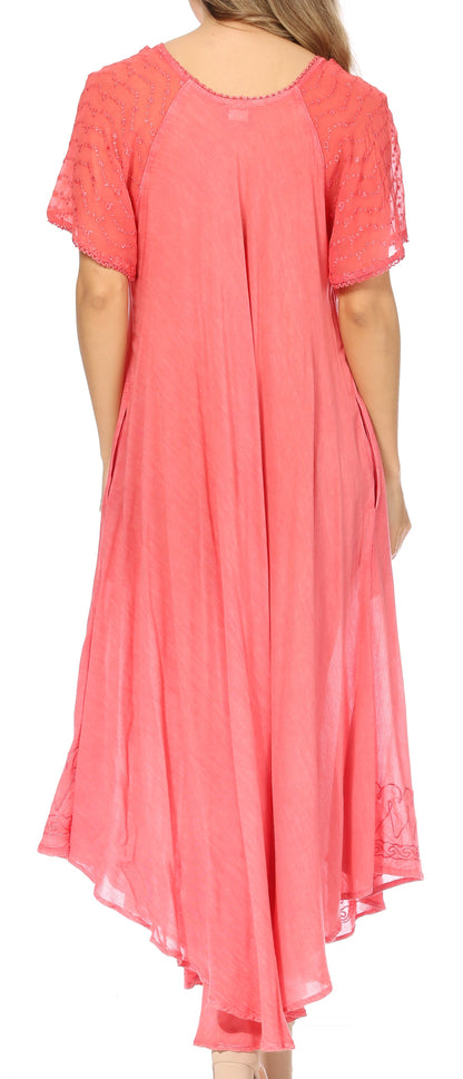 Sakkas Egan Women's Long Embroidered Caftan Dress / Cover Up With Embroidered Cap Sleeves