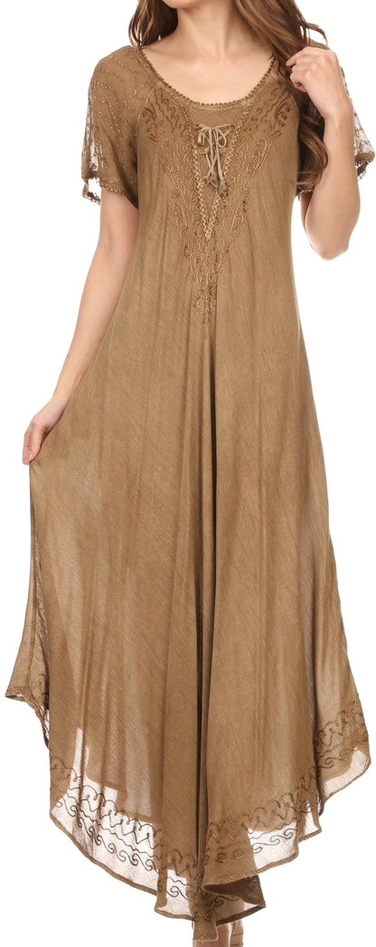 Sakkas Egan Women's Long Embroidered Caftan Dress / Cover Up With Embroidered Cap Sleeves