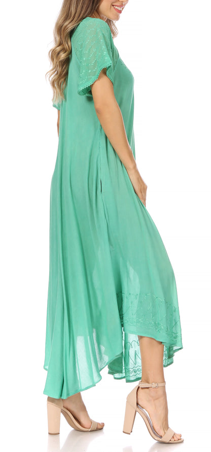 Sakkas Egan Women's Long Embroidered Caftan Dress / Cover Up With Embroidered Cap Sleeves