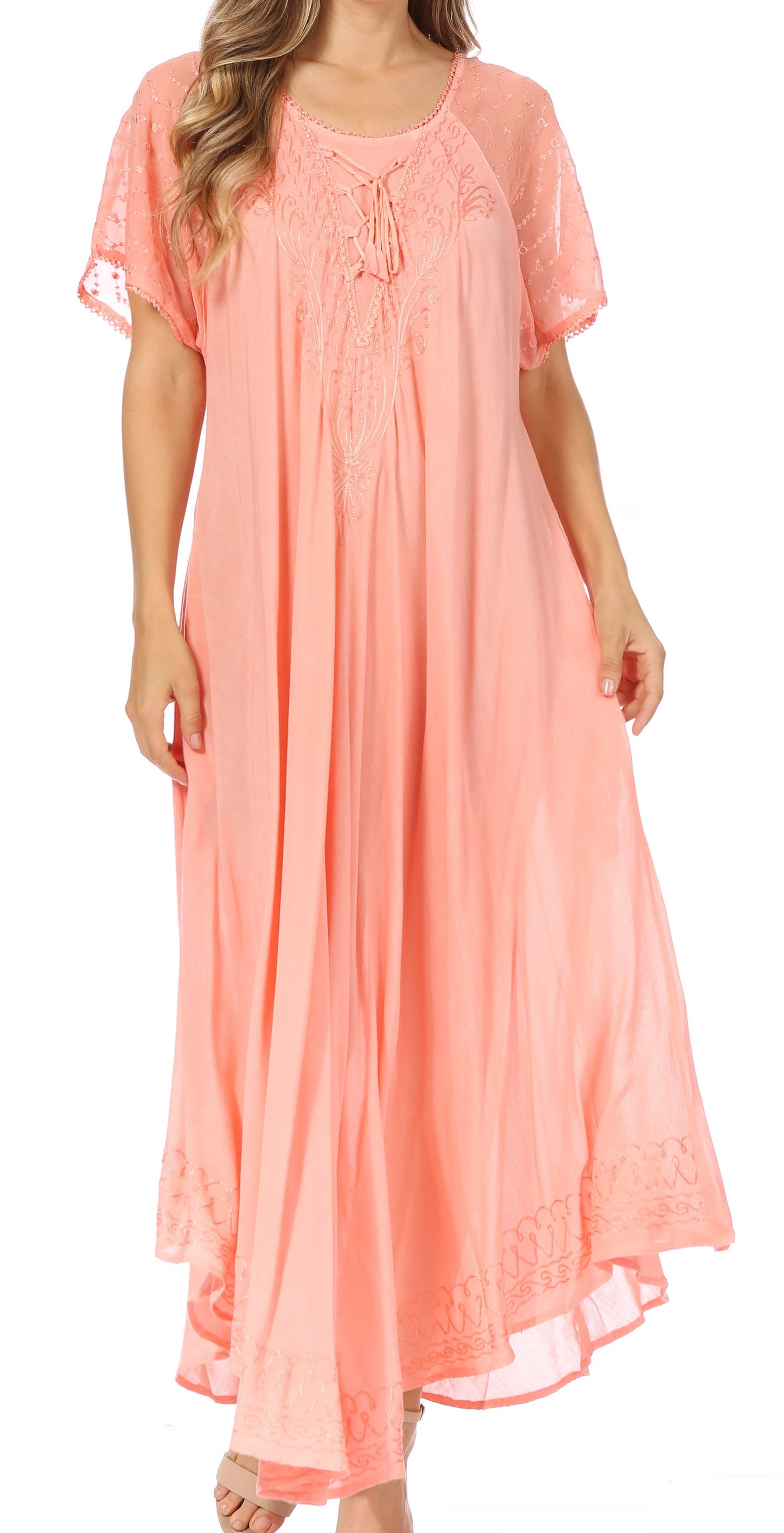 Sakkas Egan Women's Long Embroidered Caftan Dress / Cover Up With Embroidered Cap Sleeves