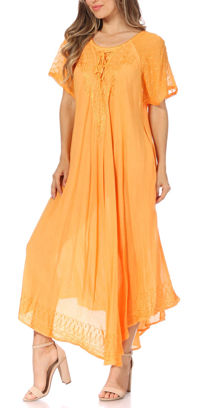 Sakkas Egan Women's Long Embroidered Caftan Dress / Cover Up With Embroidered Cap Sleeves