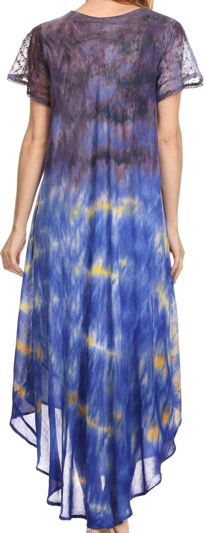 Sakkas Kaylaye Long Tie Dye Ombre Embroidered Cap Sleeve Caftan Dress / Cover Up