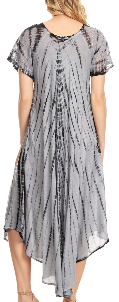 Sakkas Yasmin Tie Dye Embroidered Sheer Cap Sleeve Sundress | Cover Up