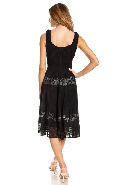 Sakkas Alba Women's Off The Shoulder Smock Ruffle Midi Dress Tie Dye & Embroidery