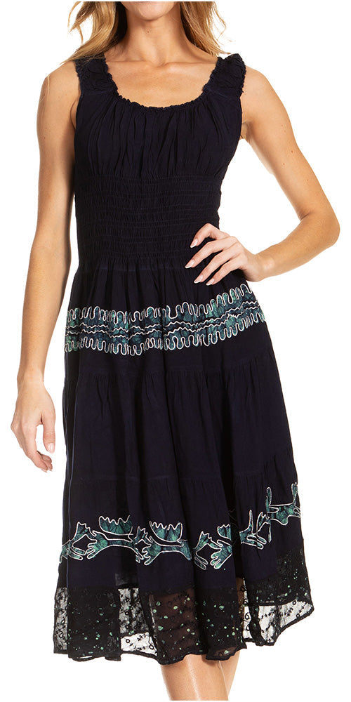 Sakkas Alba Women's Off The Shoulder Smock Ruffle Midi Dress Tie Dye & Embroidery