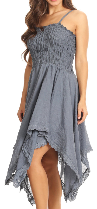 Sakkas Ella Smocked Bodice Spaghetti Strap Double Layered Dress