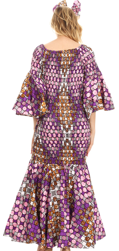 Sakkas Zarah Women's African Ankara Body-con Off shoulder Mermaid Pocket Dress
