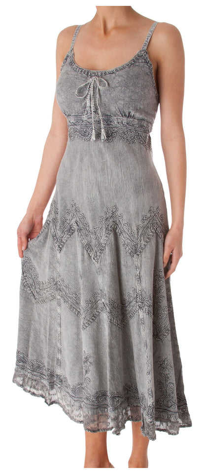 Sakkas Stonewashed Rayon Embroidered Adjustable Spaghetti Straps Long Dress