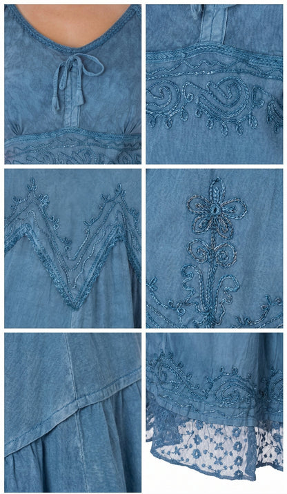 Sakkas Stonewashed Rayon Embroidered Adjustable Spaghetti Straps Long Dress