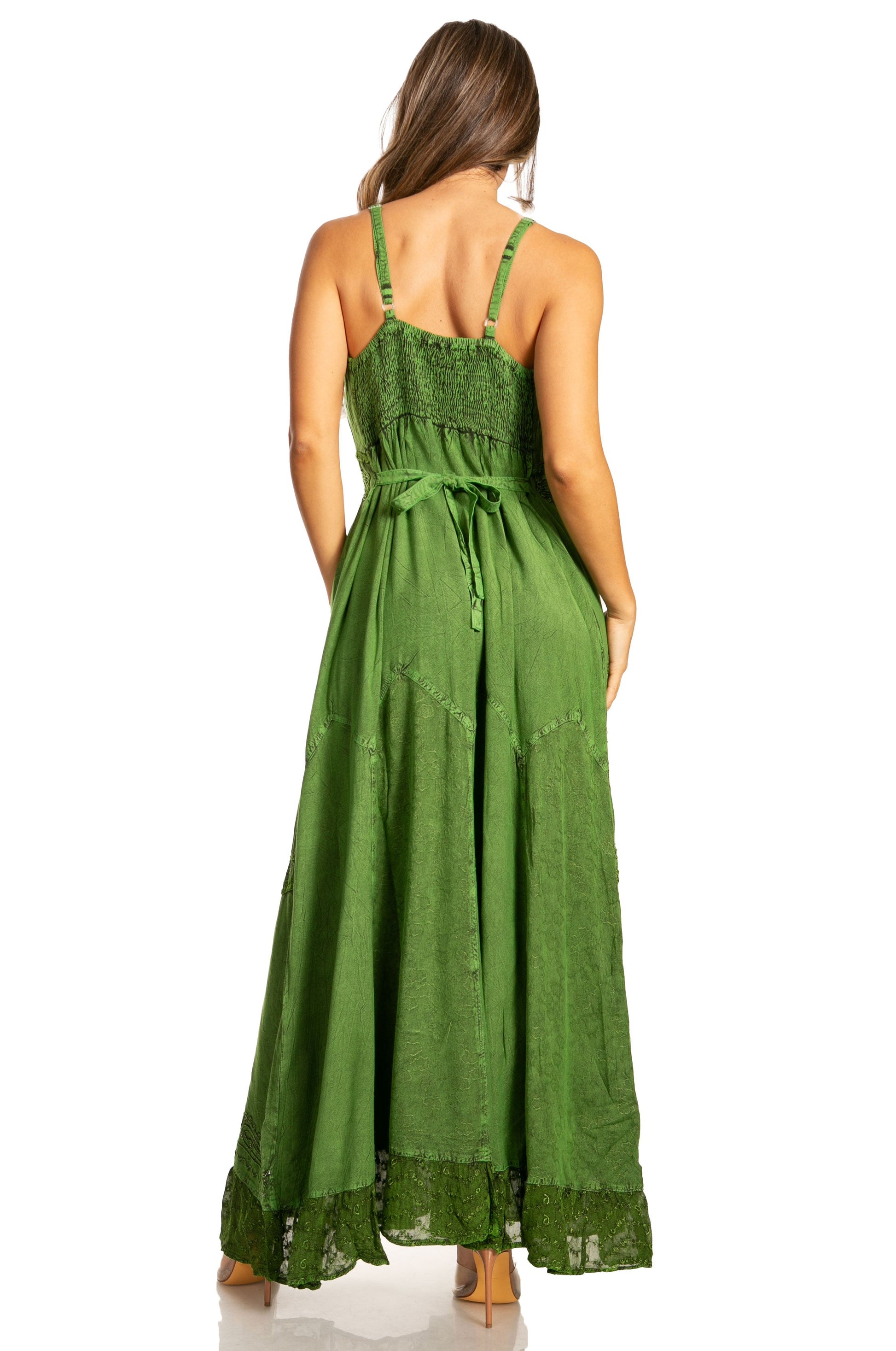 sakkas stonewashed rayon embroidered adjustable spaghetti straps long dress Sakkas Stonewashed Rayon Embroidered Adjustable Spaghetti Straps Long Dress - Green - S/M