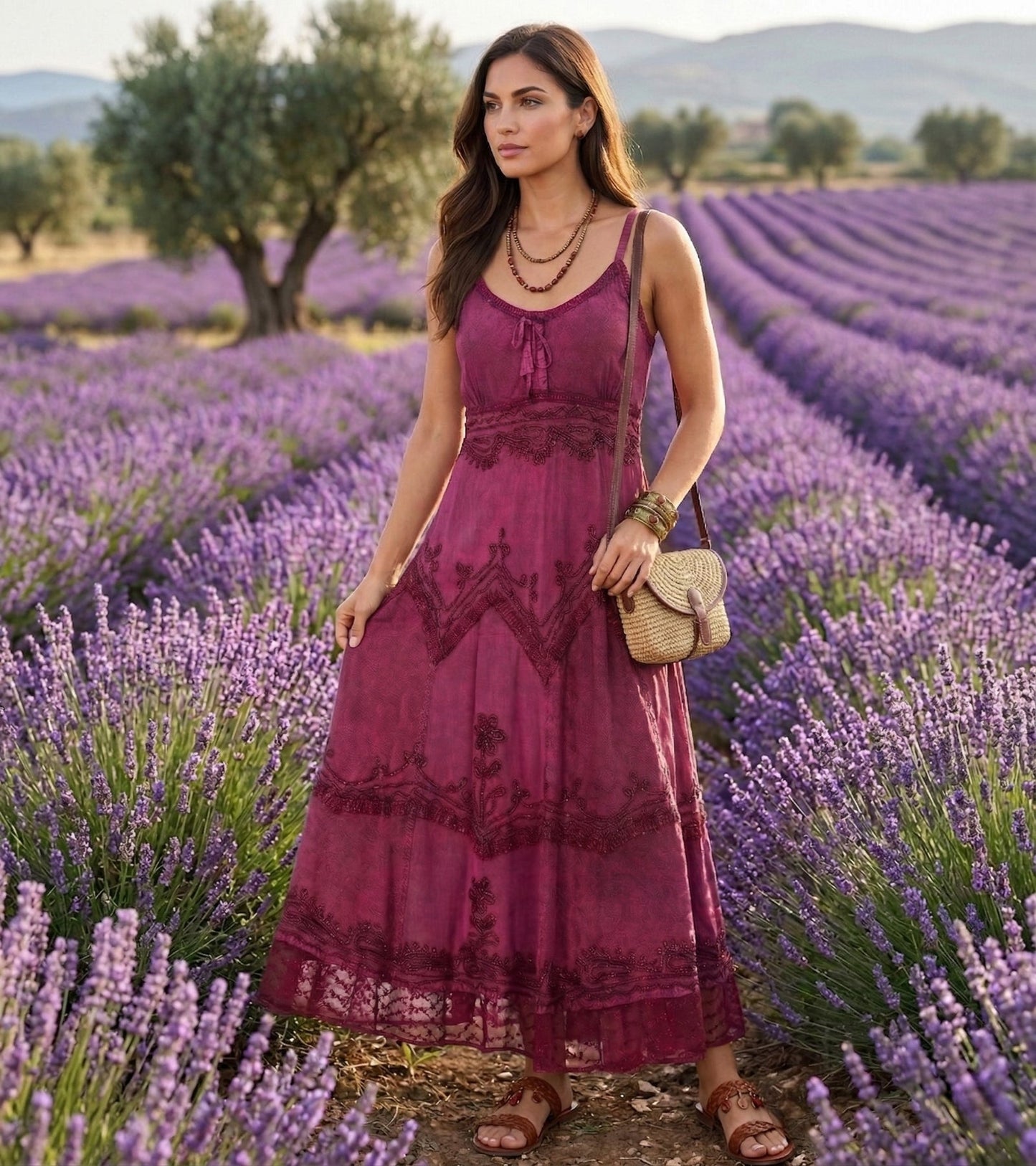 Sakkas Stonewashed Rayon Embroidered Adjustable Spaghetti Straps Long Dress