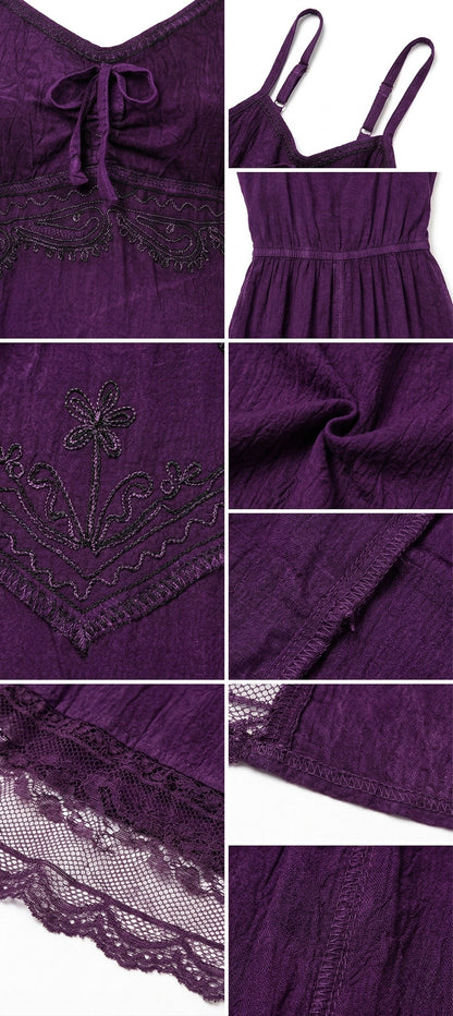 Sakkas Stonewashed Rayon Embroidered Adjustable Spaghetti Straps Long Dress