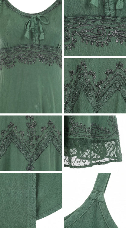 Sakkas Stonewashed Rayon Embroidered Adjustable Spaghetti Straps Long Dress