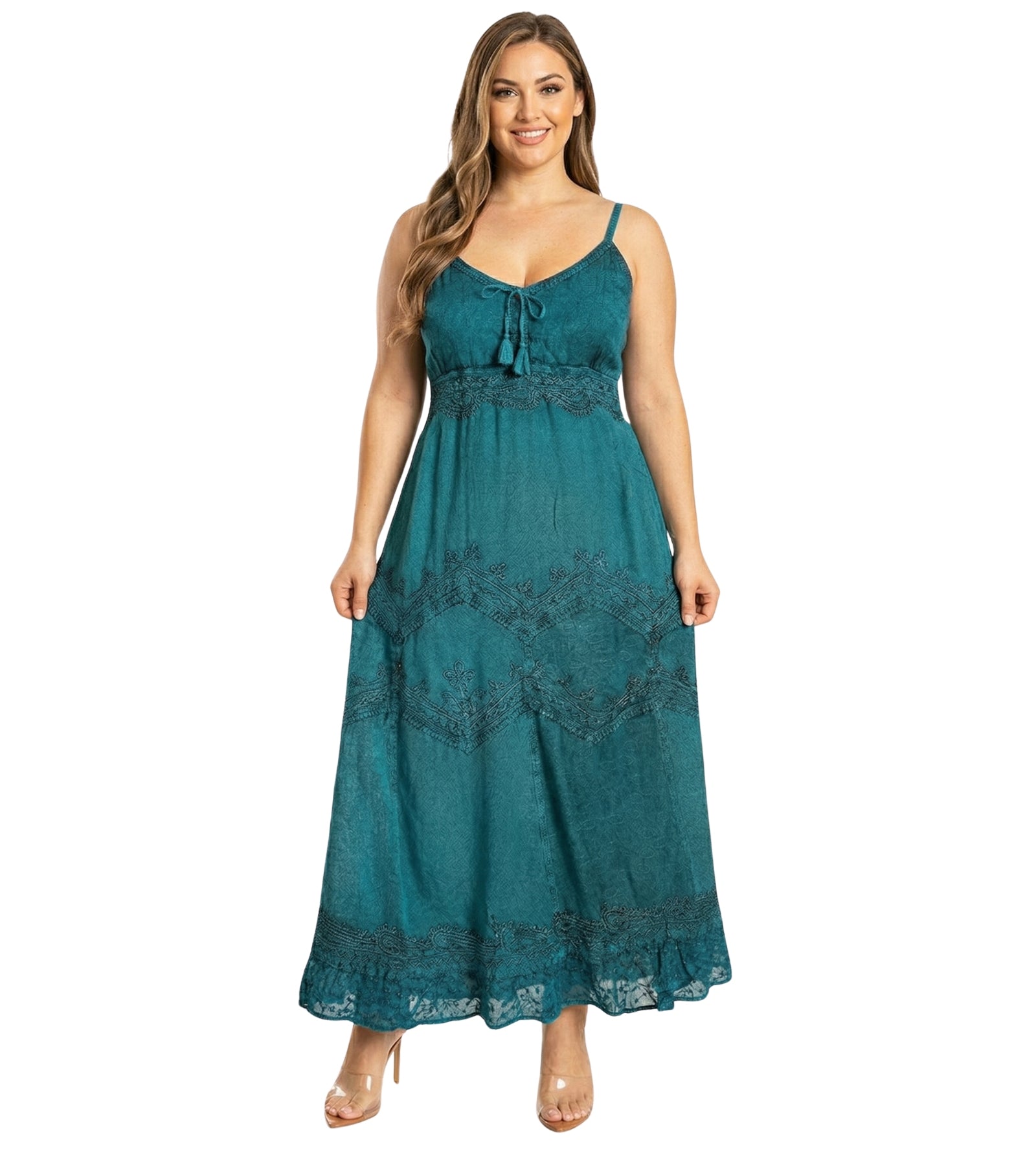 sakkas stonewashed rayon embroidered adjustable spaghetti straps long dress Sakkas Stonewashed Rayon Embroidered Adjustable Spaghetti Straps Long