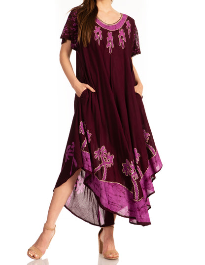 Sakkas Batik Palm Tree Cap Sleeve Caftan Dress / Cover Up
