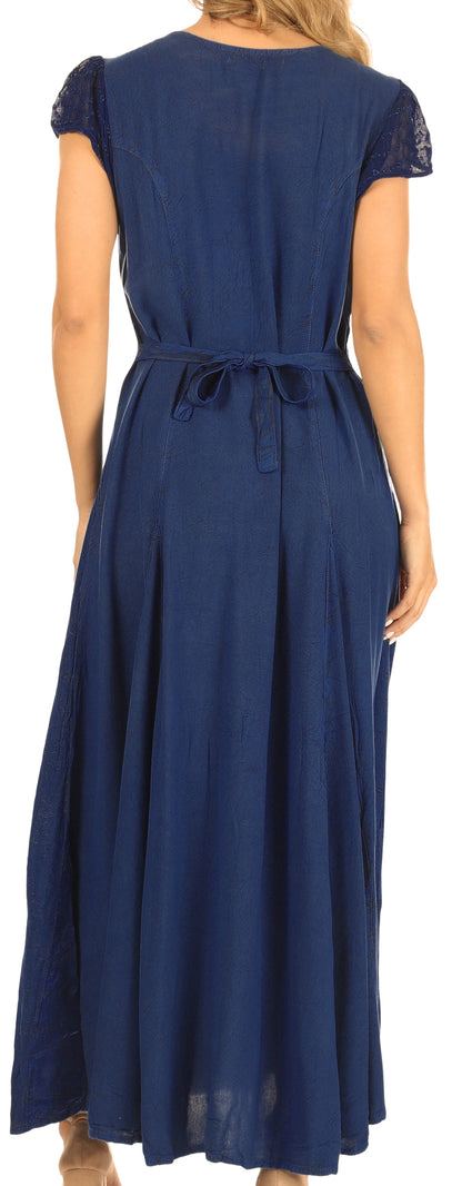 Sakkas Marni Women's Casual Maxi Short Sleeve Stonewashed Long Caftan Dress Lace