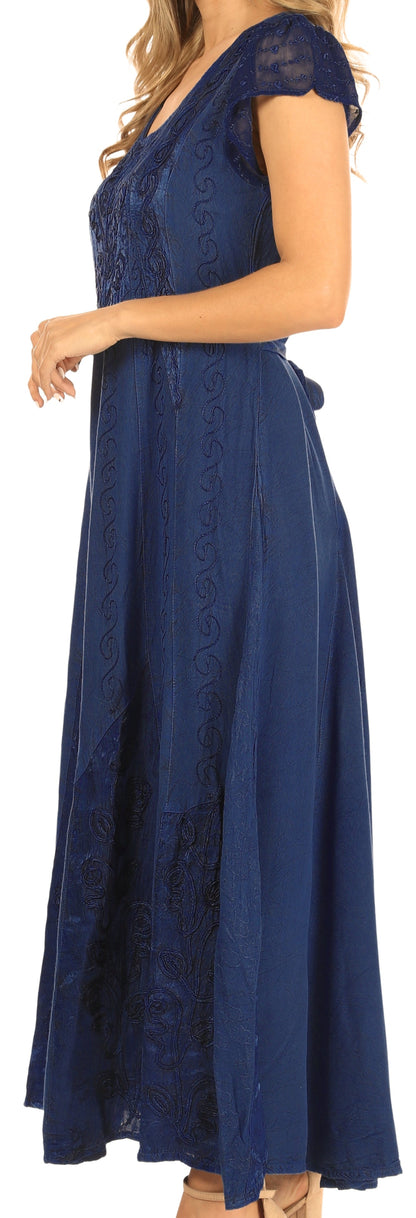 Sakkas Marni Women's Casual Maxi Short Sleeve Stonewashed Long Caftan Dress Lace