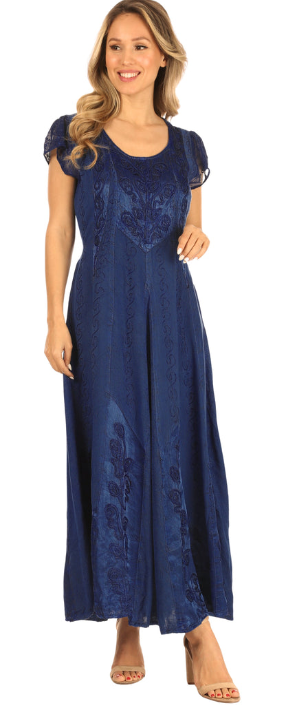 Sakkas Marni Women's Casual Maxi Short Sleeve Stonewashed Long Caftan Dress Lace
