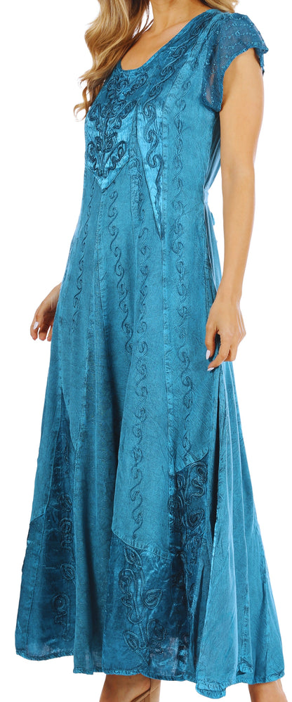 Sakkas Marni Women's Casual Maxi Short Sleeve Stonewashed Long Caftan Dress Lace