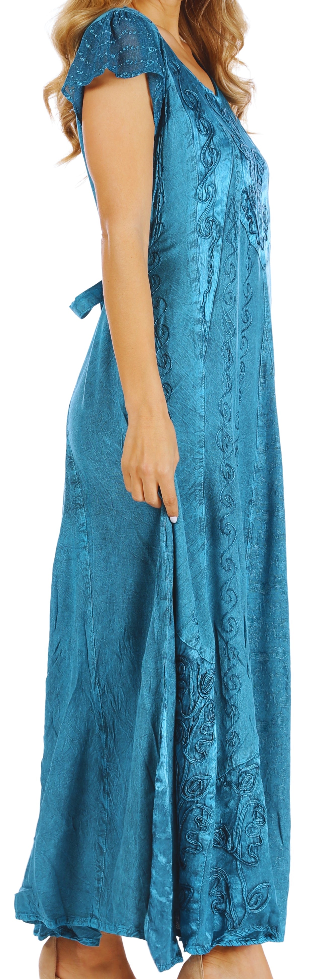 Sakkas Marni Women's Casual Maxi Short Sleeve Stonewashed Long Caftan Dress Lace